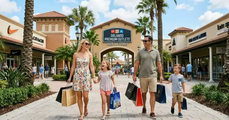 Familia con bolsas de compras en Orlando Premium Outlets, rodeada de tiendas de marcas y palmeras.