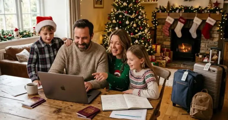 Familia planifica en una computadora la compra de vuelos para Navidad 2026 junto a pasaportes, equipaje y decoración navideña.