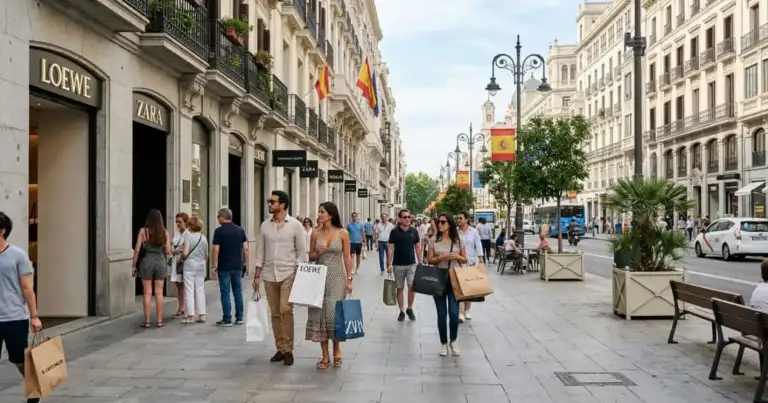 Turistas con bolsas de compras recorren una avenida comercial de España con tiendas de moda y marcas internacionales.