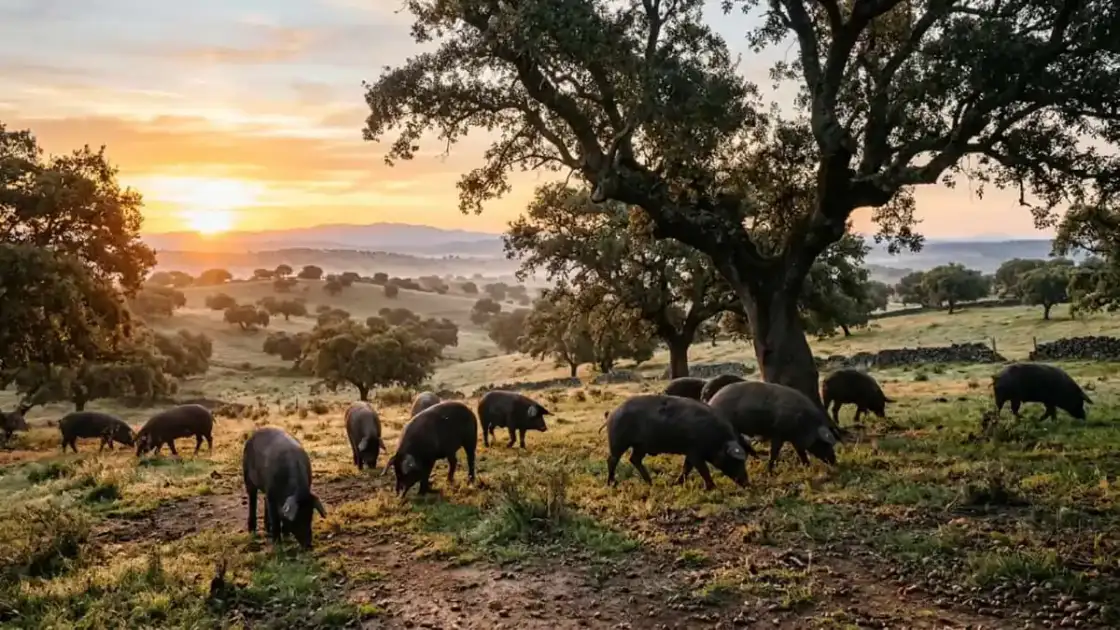 Cerdos ibéricos pastando entre encinas en una dehesa de España, paisaje tradicional de la producción de jamón ibérico.