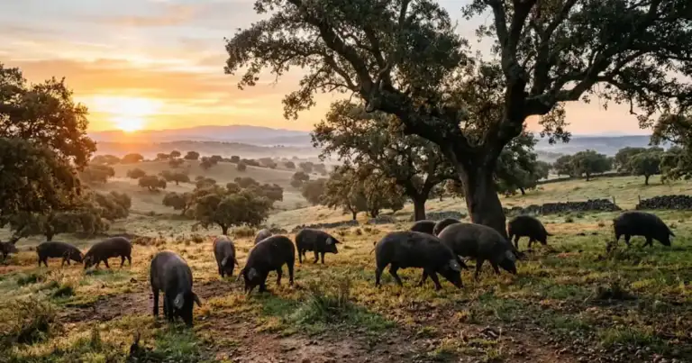 Cerdos ibéricos pastando entre encinas en una dehesa de España, paisaje tradicional de la producción de jamón ibérico.