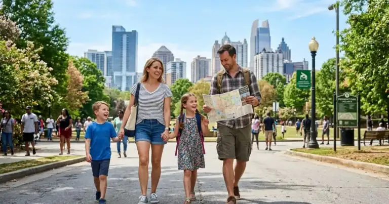 Familia con niños recorre Piedmont Park con el centro de Atlanta al fondo durante unas vacaciones en Estados Unidos.