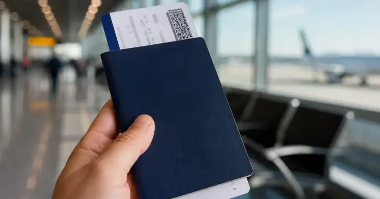 Mano sosteniendo un pasaporte y una tarjeta de embarque en un aeropuerto, en una imagen ilustrativa sobre los requisitos de vigencia para entrar a Estados Unidos