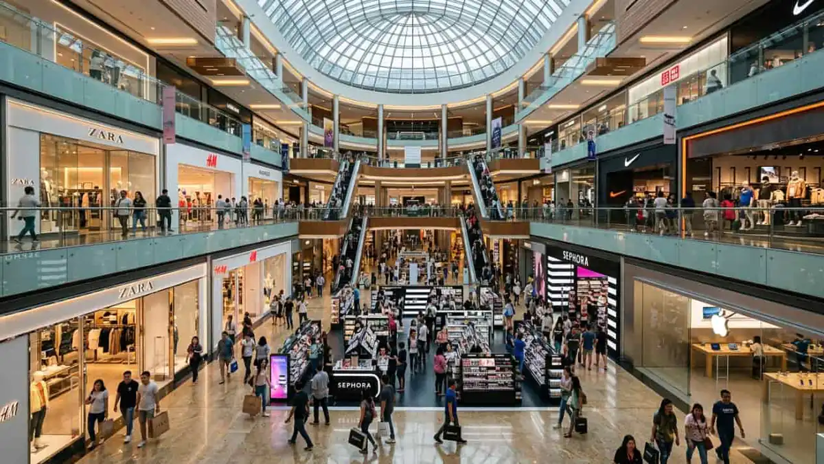 Interior de un centro comercial con tiendas de ropa, tecnología, calzado y cosmética durante una jornada de compras.