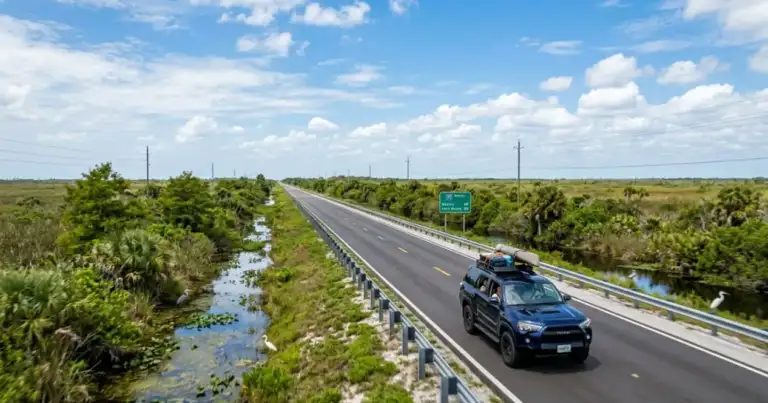 Auto circulando por la I-75, conocida como Alligator Alley, rumbo a Naples desde Miami, entre los humedales del sur de Florida.