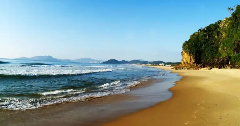 Playa de Brasil con arena dorada, mar y vegetación tropical durante el verano