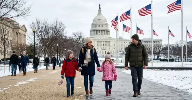 Familia paseando en invierno frente al Capitolio de Estados Unidos y varias banderas estadounidenses en Washington D. C.