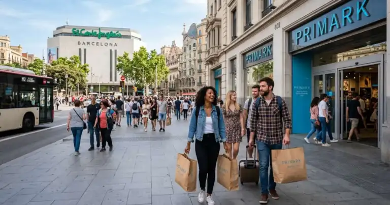 Viajeros con bolsas de compras frente a una tienda Primark en una concurrida avenida de Barcelona.