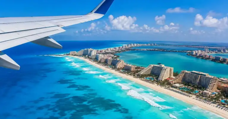 Ala de avión en vuelo sobre agua turquesa, arrecifes y playas con resorts