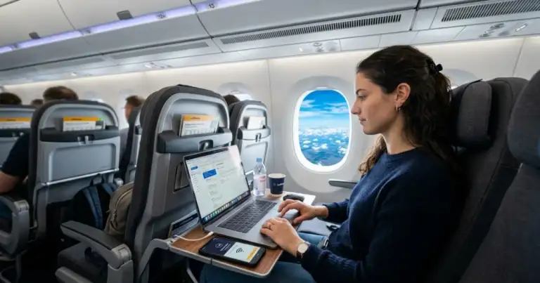 Pasajera usando una laptop con conexión WiFi a bordo de un avión de Lufthansa