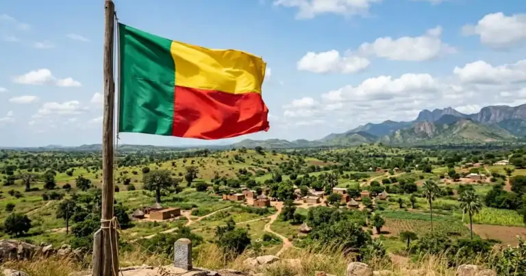 Bandera de Benín frente a un paisaje rural de colinas y montañas en África Occidental
