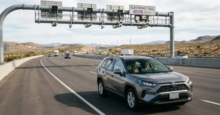 Auto alquilado circula por una autopista de Estados Unidos bajo un sistema de peaje electrónico