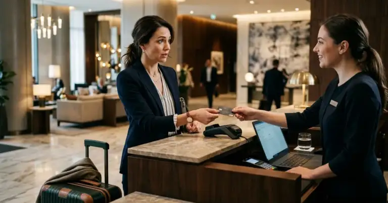 Huésped entrega una tarjeta en la recepción de un hotel durante el check-in para dejar un depósito de garantía