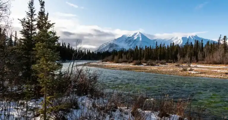 Río rodeado de bosque y montañas nevadas en un destino de naturaleza para viajar en 2027