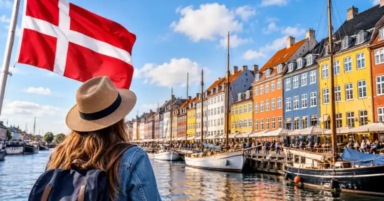 Joven viajera frente al canal Nyhavn en Copenhague, Dinamarca, país que abrió nuevos cupos Working Holiday para argentinos en 2026.
