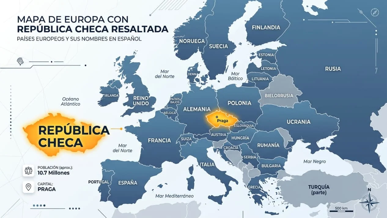 Mapa de Europa con Chequia, también conocida como República Checa, resaltada y Praga señalada como capital