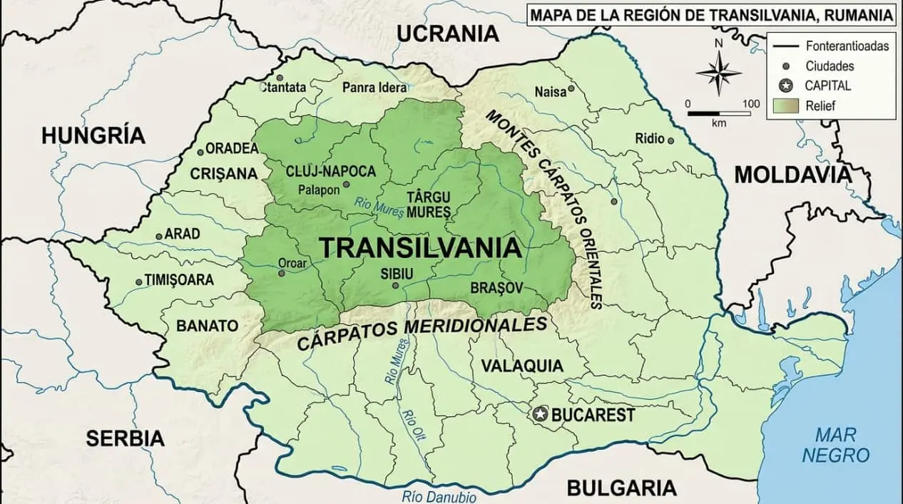 Mapa de Transilvania en Rumania con Brașov, Sibiu y Cluj-Napoca
