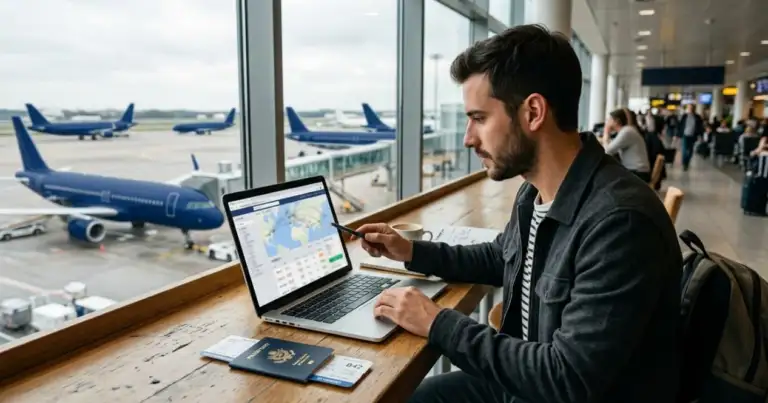 Viajero compara precios de vuelos en una laptop dentro de un aeropuerto con aviones al fondo