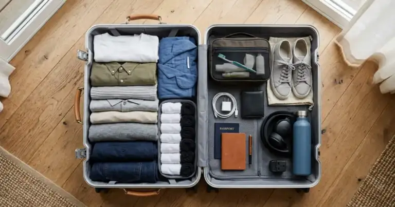 Maleta organizada con ropa, calzado, artículos de higiene y accesorios para un viaje de 7 días