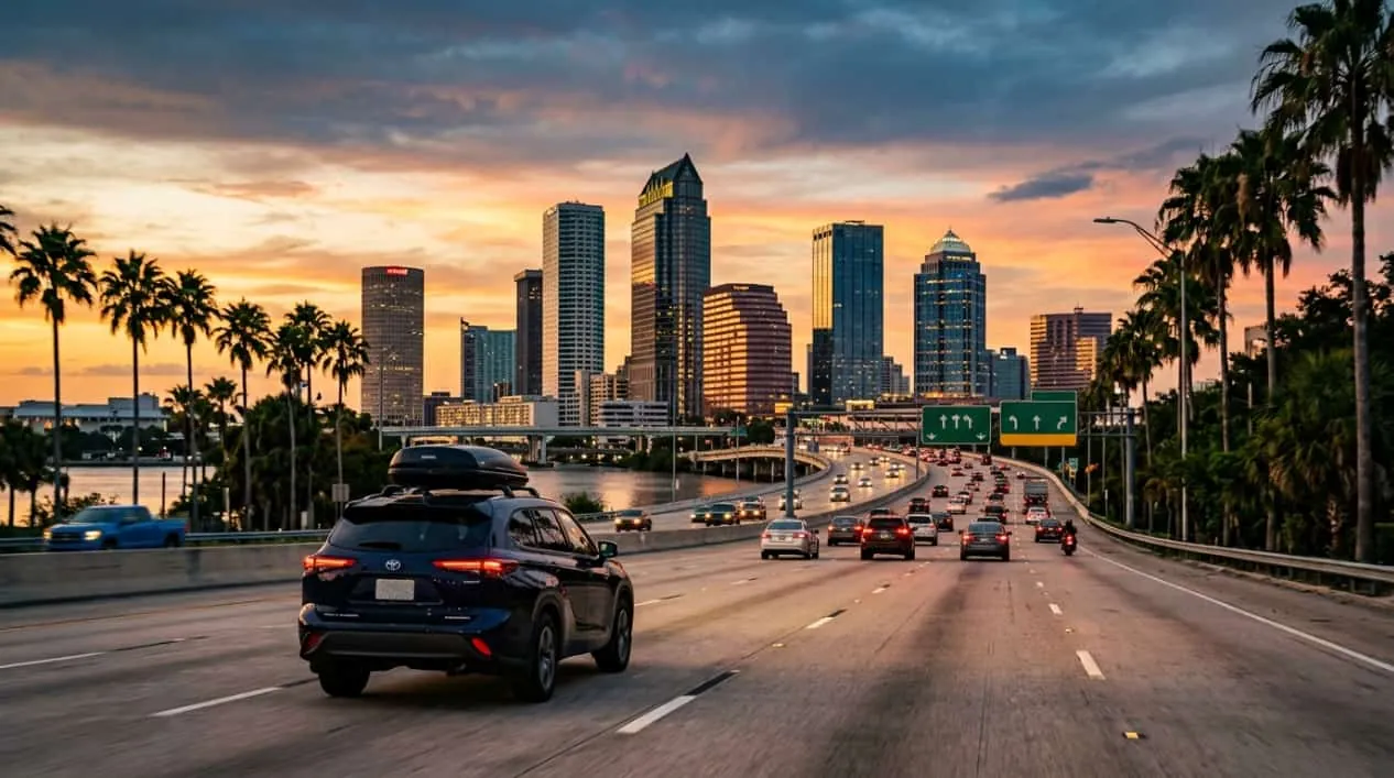 Llegada a Tampa en auto desde Miami Auto circula por una autopista al llegar a Tampa con el centro de la ciudad al fondo