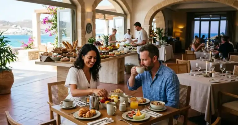 Pareja desayunando en el restaurante de un hotel con buffet de comida al fondo