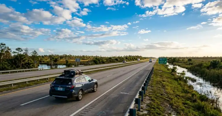 Auto circula por una autopista de Florida en la ruta entre Miami y Tampa