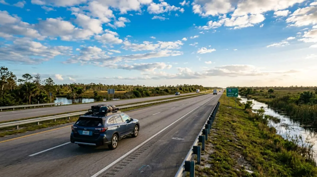 Auto circula por una autopista de Florida en la ruta entre Miami y Tampa