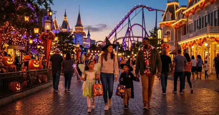 Familia con niños disfrazados disfruta de un parque temático decorado para Halloween en Orlando