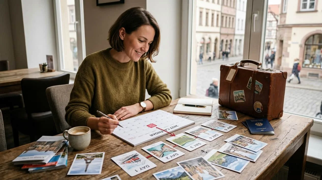 Viajera organiza escapadas sobre un calendario de 2027 junto a una maleta y fotos de destinos