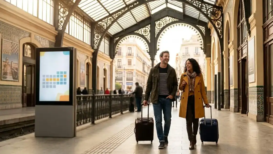 Pareja con maletas camina por una estación de tren en España durante un viaje