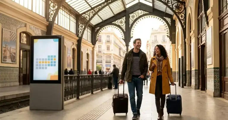 Pareja con maletas camina por una estación de tren en España durante un viaje