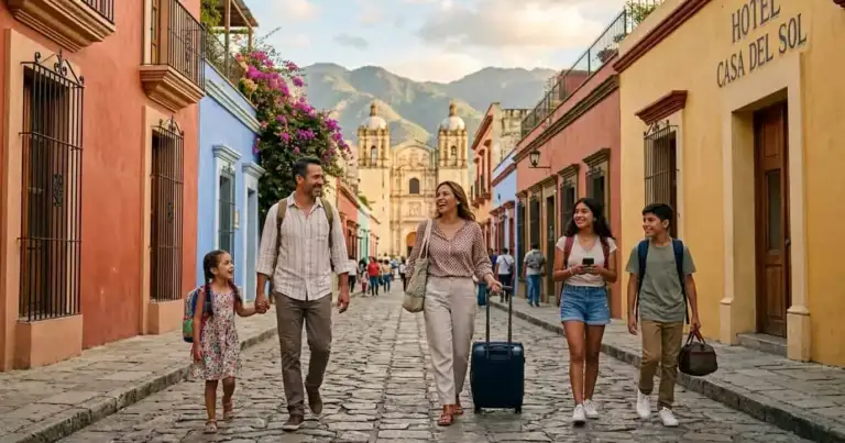 Familia recorre una ciudad colonial de México durante una escapada en fin de semana largo