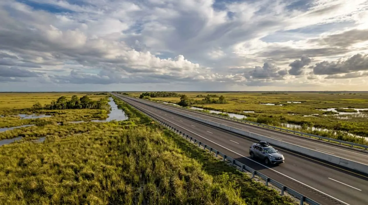 Ruta de Miami a Tampa en auto por la I-75 Auto circula por una autopista de Florida rodeada de humedales en el trayecto entre Miami y Tampa