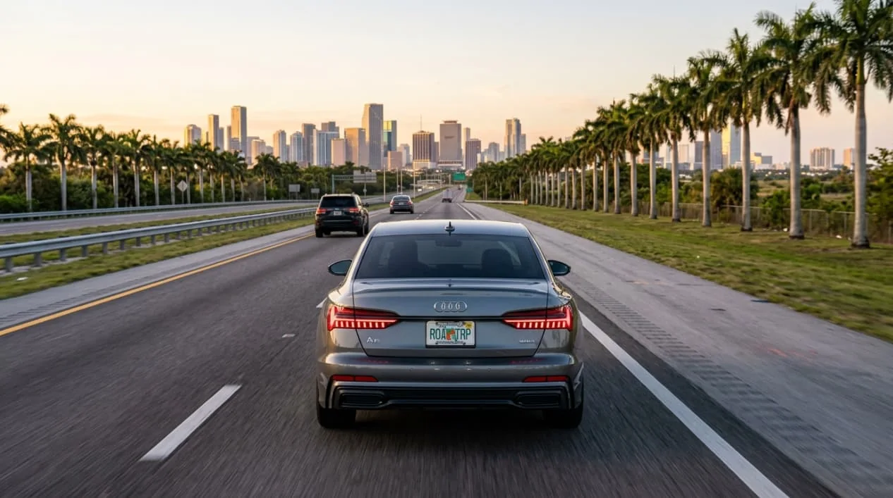 Viaje de Miami a Tampa en auto: salida por carretera Auto circula por una autopista de Miami rumbo a Tampa con el skyline de la ciudad al fondo