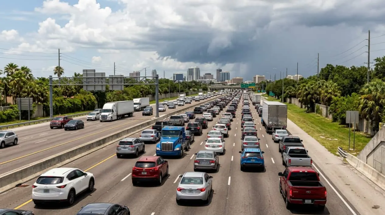 Cómo puede afectar el tráfico al tiempo de viaje entre Miami y Tampa Tráfico intenso en una autopista de Florida durante un viaje por carretera