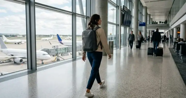 Viajera camina por un aeropuerto llevando solo una mochila como artículo personal