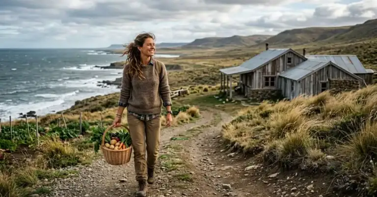 Mujer camina junto a una vivienda rural en un paisaje de la Patagonia con una canasta de alimentos