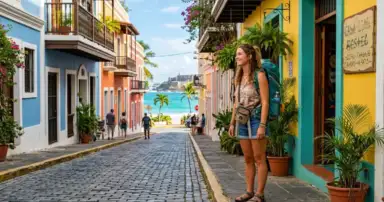 Viajera con mochila en una calle de arquitectura colonial en Puerto Rico, cerca del mar