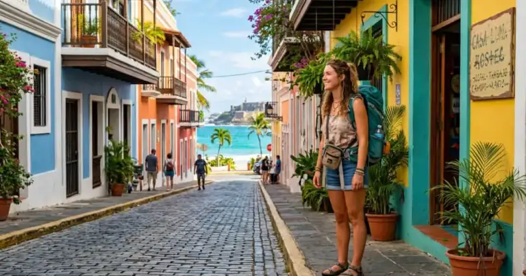 Viajera con mochila en una calle de arquitectura colonial en Puerto Rico, cerca del mar