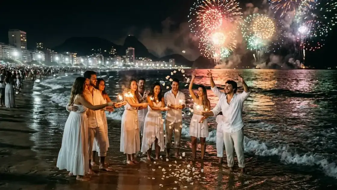 festejos para el Réveillon en Brasil: todos visten de blanco en la playa