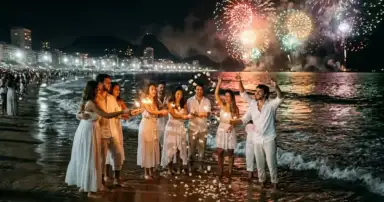 festejos para el Réveillon en Brasil: todos visten de blanco en la playa