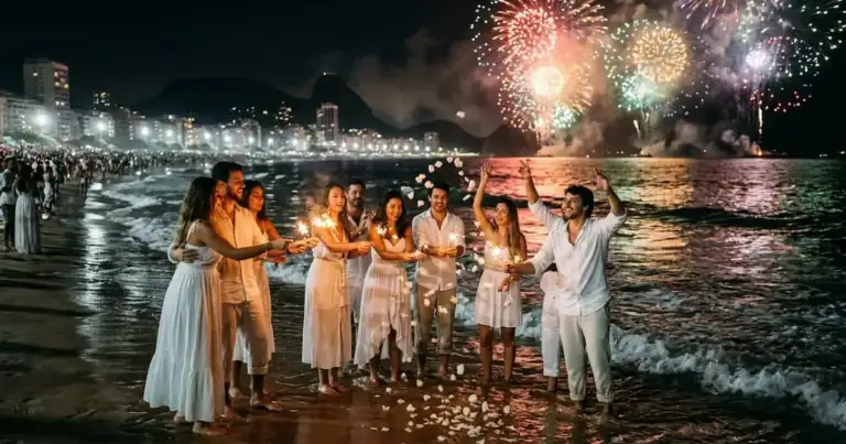 festejos para el Réveillon en Brasil: todos visten de blanco en la playa