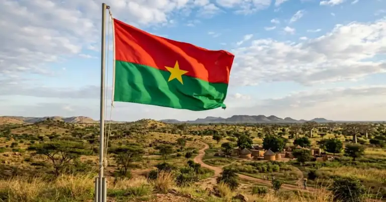 Bandera de Burkina Faso frente a un paisaje de sabana con caminos y pequeñas aldeas