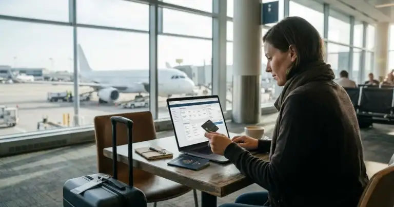 Viajera compra un vuelo online con tarjeta desde una computadora en un aeropuerto