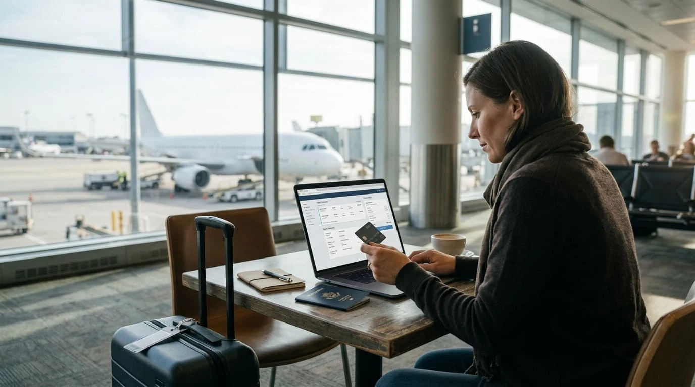 Viajera compra un vuelo online con tarjeta desde una computadora en un aeropuerto