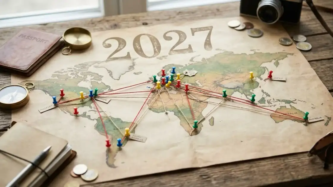 Mapa mundial con destinos marcados y rutas de viaje para planificar vacaciones en 2027