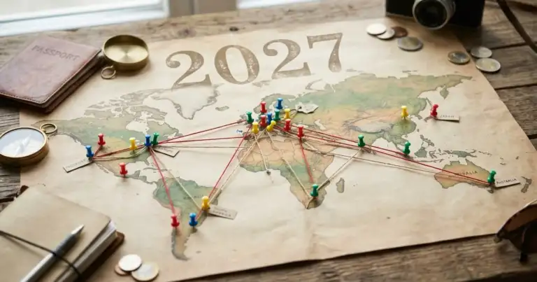 Mapa mundial con destinos marcados y rutas de viaje para planificar vacaciones en 2027