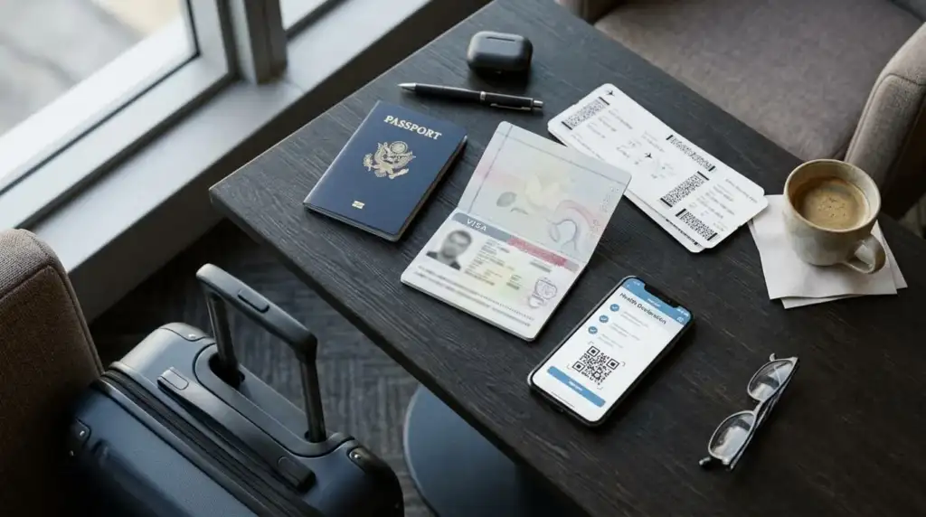 Documentos y formulario digital para viajar a Estados Unidos Pasaporte, visa, tarjetas de embarque y formulario digital preparados para un viaje a Estados Unidos