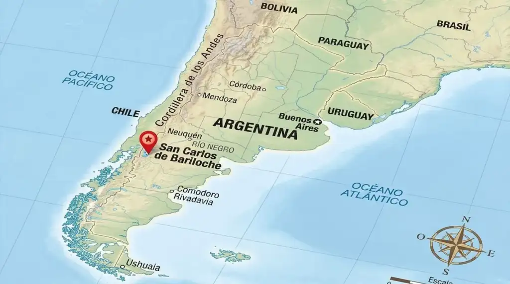 Mapa de Argentina con la ubicación de San Carlos de Bariloche en la provincia de Río Negro, cerca de la cordillera de los Andes