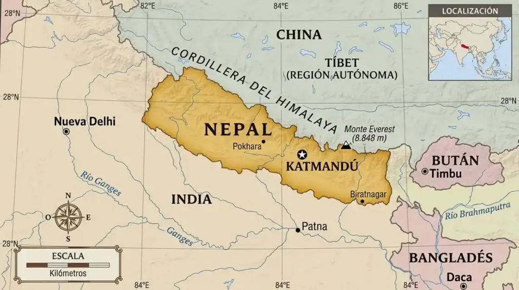 Mapa de Nepal con Katmandú, el Himalaya, el monte Everest y sus fronteras con India y China